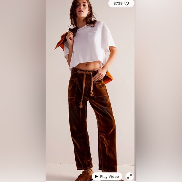 NWT size 28 Free People We The Free Moxie Flocked Pull-On Barrel Jeans Burnt Rus - Picture 2 of 10